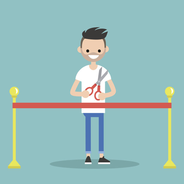 开幕式的概念。红丝带。留着胡子的年轻人拿着剪刀图片下载