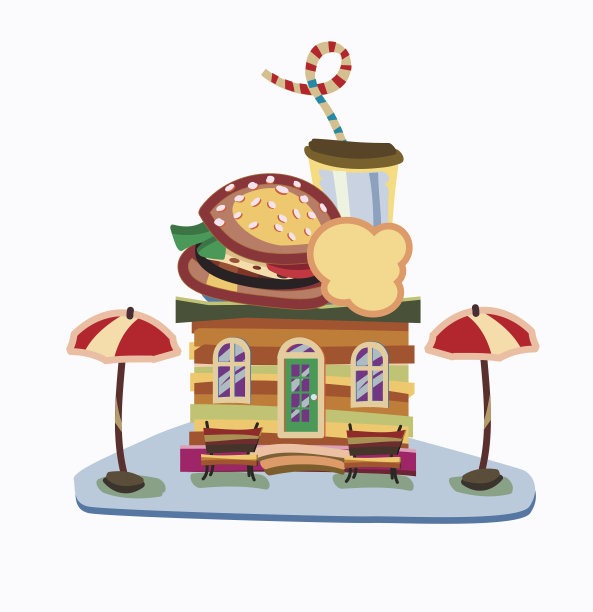 矢量插图的商店建筑产品与明亮的旗帜。图片下载