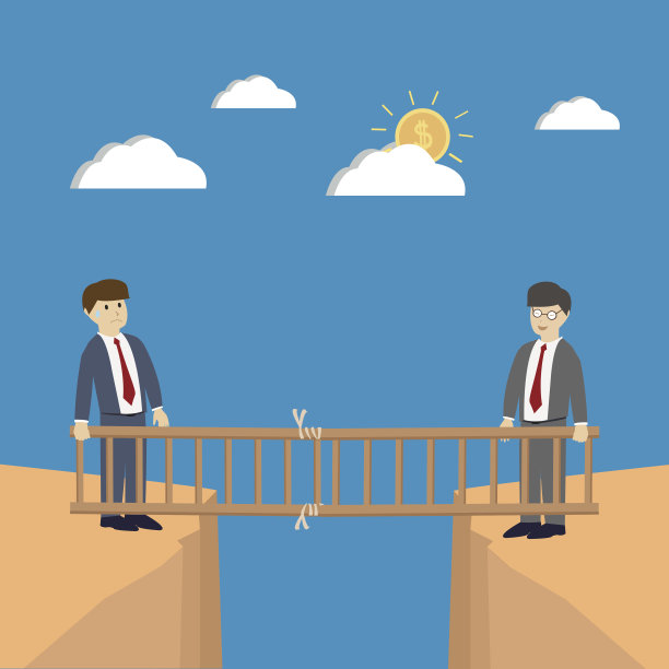 商人用梯子越过悬崖。图片下载