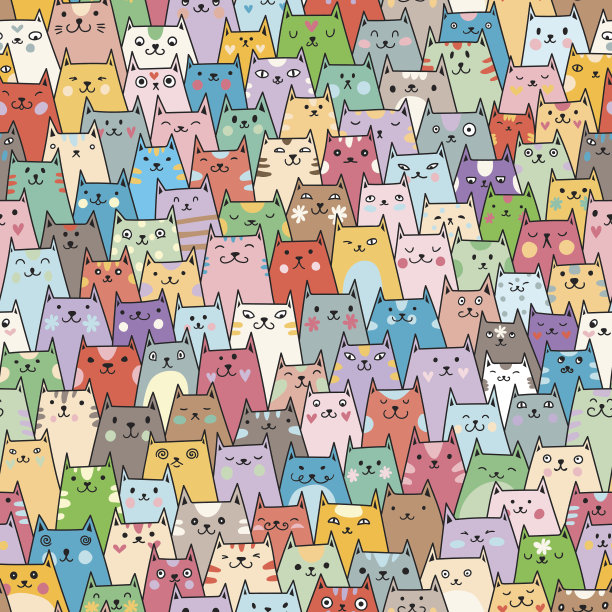 无缝矢量图案与许多可爱的彩色猫图片下载