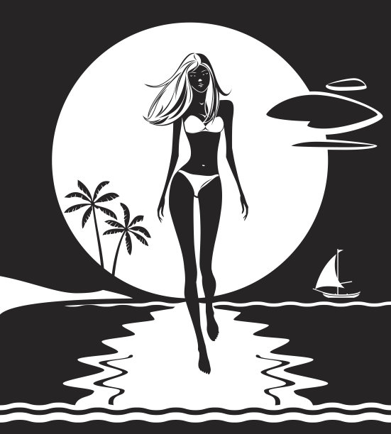 日落时分，女孩在海滩上散步图片下载