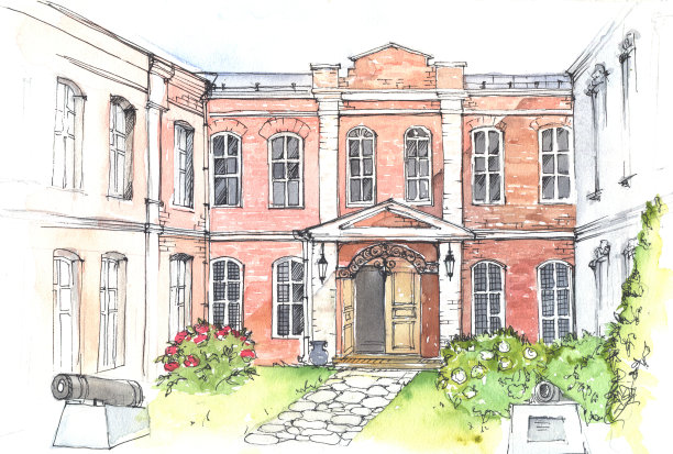 一幢旧公馆的水彩画图片下载