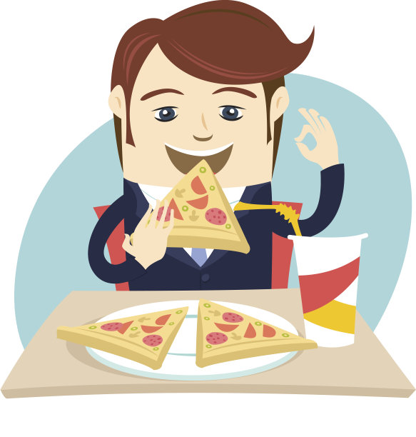 有趣的商人在咖啡桌上吃披萨。平的风格图片下载