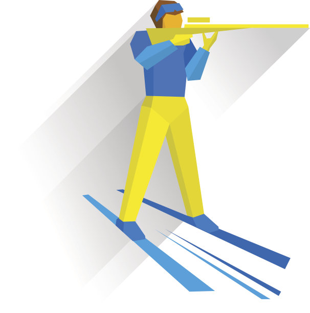 冬季两项。卡通滑雪运动员站在滑雪板上射击步枪图片下载