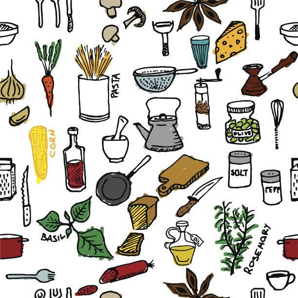 厨房主题上的无缝图案。产品种类繁多，厨具齐全图片下载