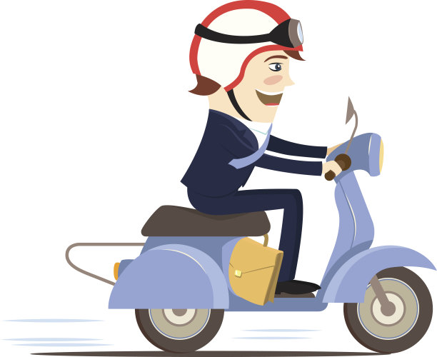 快乐的商人穿着西装骑摩托车。平的风格图片下载