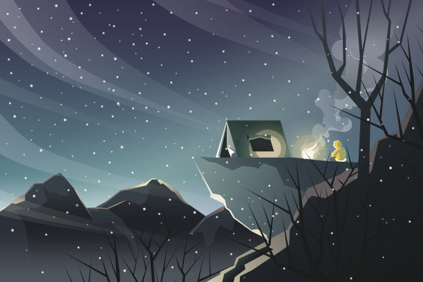 下雪时在悬崖上露营图片下载