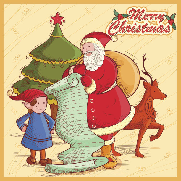 圣诞老人和精灵带着礼物庆祝圣诞快乐图片下载
