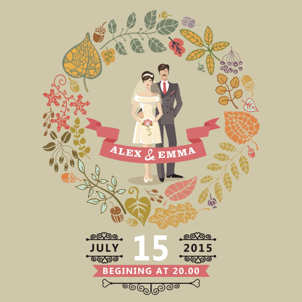 可爱的婚礼请柬配上新娘、新郎、秋叶花环图片下载