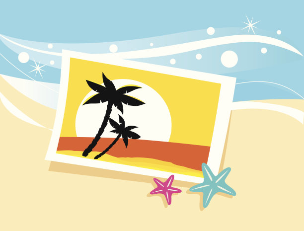 度假照片与热带棕榈树和日落在海滩上图片下载