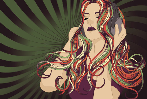 彩色头发和耳机的女DJ。图片下载