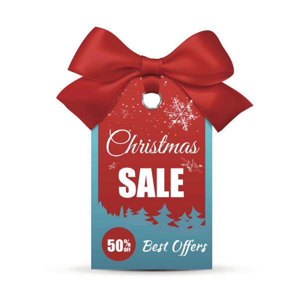 圣诞销售标签与现实的弓孤立在白色的背景。图片下载