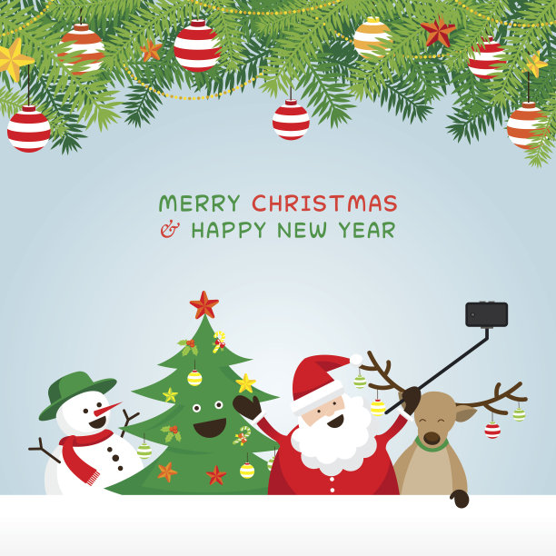 圣诞，圣诞老人和朋友自拍，松叶点缀图片下载