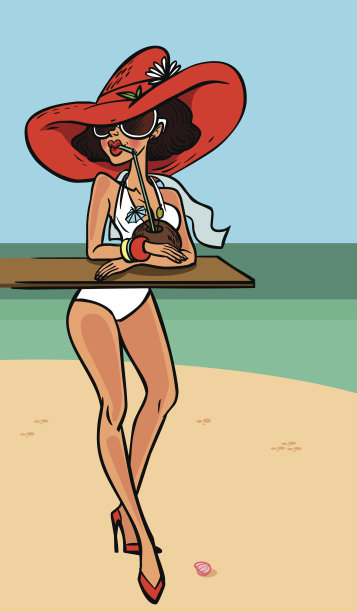 有趣可爱的卡通海报女郎在海滩上。矢量图图片下载