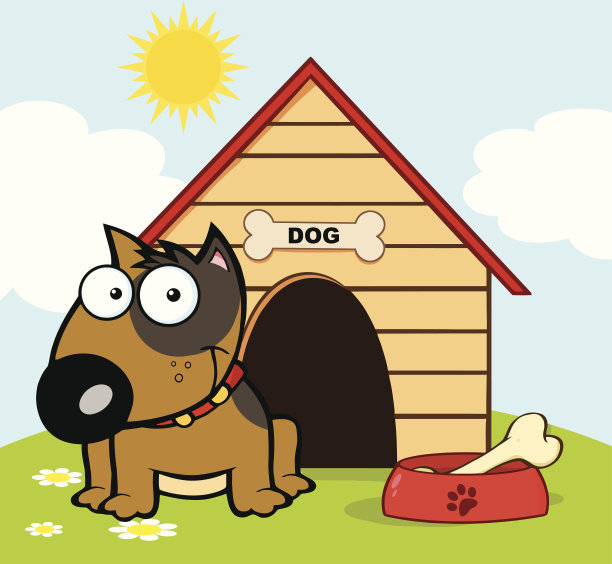 房子外面有碗的棕色斗牛梗图片下载