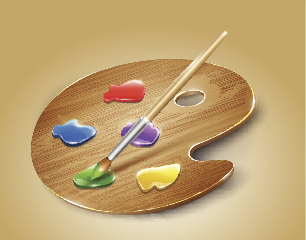 木制艺术调色板与颜料和画笔。向量图片下载