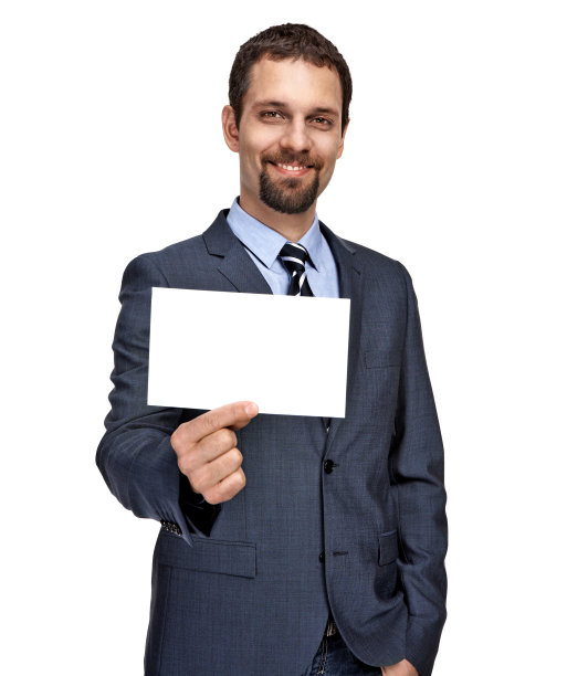 兴高采烈的年轻商人展示着小的空白招牌图片下载