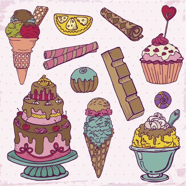 一套蛋糕，糖果和甜点-手绘素材图片