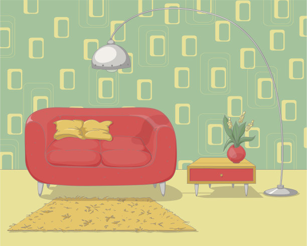 彩色插图的复古客厅室内设计图片下载