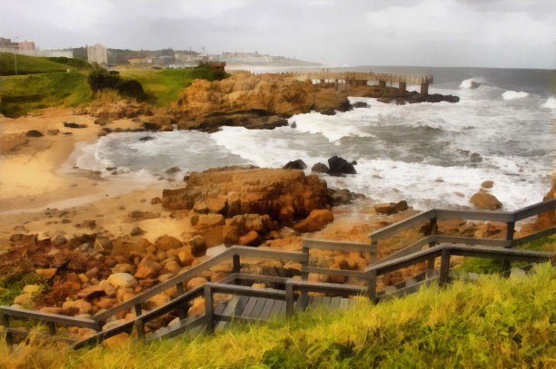 在暴风雨中粉刷海滨小镇的木台阶和混凝土码头图片下载