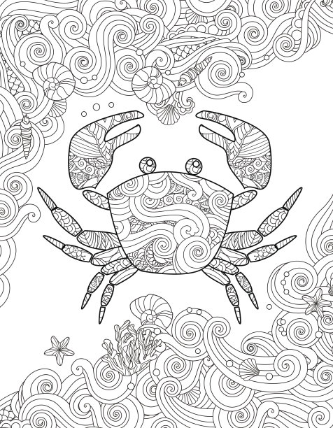 着色页面。华丽的螃蟹和海浪。垂直的构图。图片下载