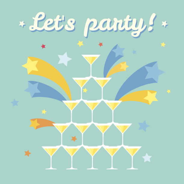 一堆香槟酒杯。Fullcolored平面图像图片下载