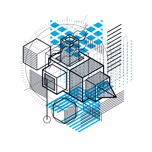 三维抽象矢量等距背景。立方体，六边形，正方形，矩形和不同的抽象元素的布局。素材图片