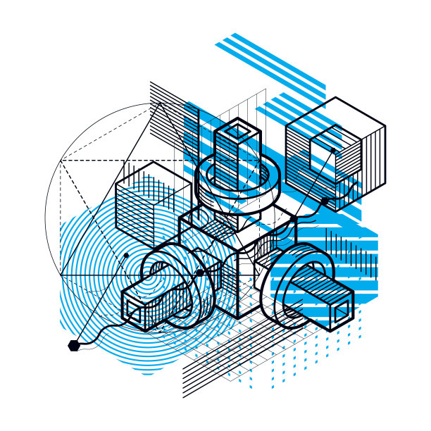 抽象背景与等距元素，矢量线性艺术与线和形状。立方体，六边形，正方形，矩形和不同的抽象元素。素材图片