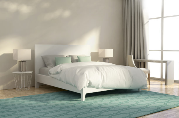 白色和绿色豪华卧室，扶手椅和地毯图片下载