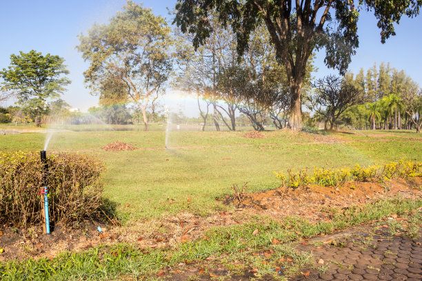 花园灌溉系统浇灌草坪图片下载