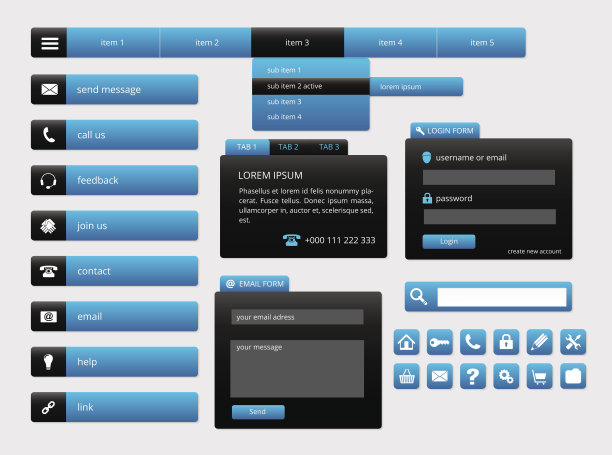 现代黑色和蓝色的web UI元素图片下载