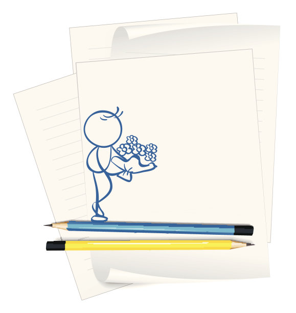 纸上有男子手持鲜花的素描图片下载