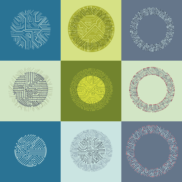 技术交流控制论元素集合与箭头。一组圆形的矢量抽象电路板。图片下载