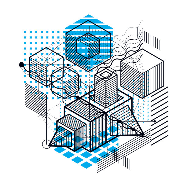 抽象设计与三维线性网格形状和图形，矢量等距背景。立方体，六边形，正方形，矩形和不同的抽象元素。素材图片