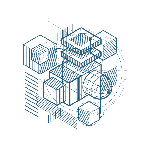 等距抽象的线和不同的元素，矢量抽象的背景。由立方体、六边形、正方形、长方形和不同的抽象元素组成。素材图片