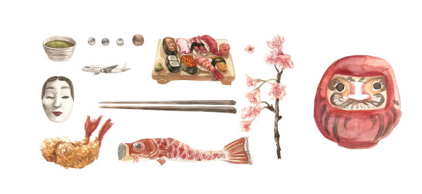 日本元素在水彩插图与剪切路径图片下载