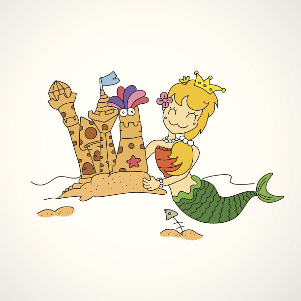 小美人鱼和她的沙城堡向量图片下载