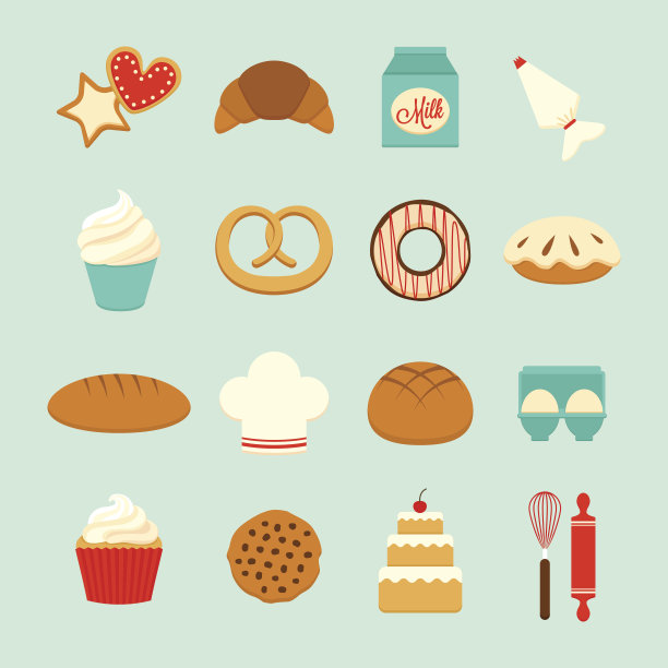 一套16个面包房图标包括配料，工具图片下载