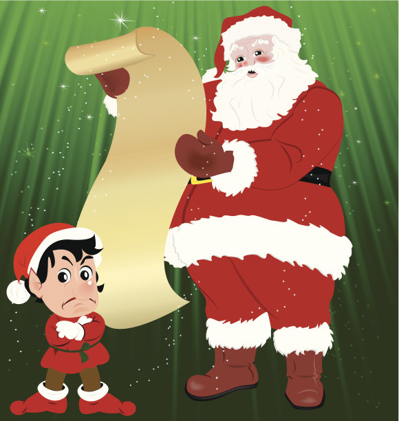 圣诞老人带着小精灵，读书清单上的好孩子。图片下载
