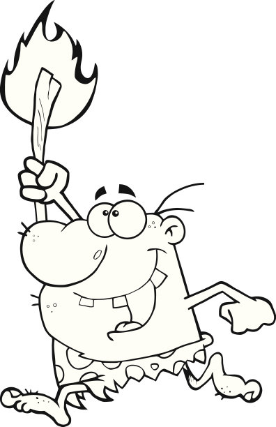 黑人和白人快乐的穴居人拿着火把跑图片下载