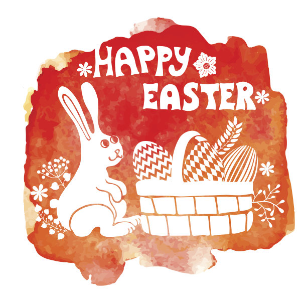 复活节卡片。水彩邮票，兔子，篮子里的鸡蛋。橙色图片下载