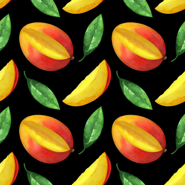 水彩无缝模式与近距离芒果水果和叶子素材图片