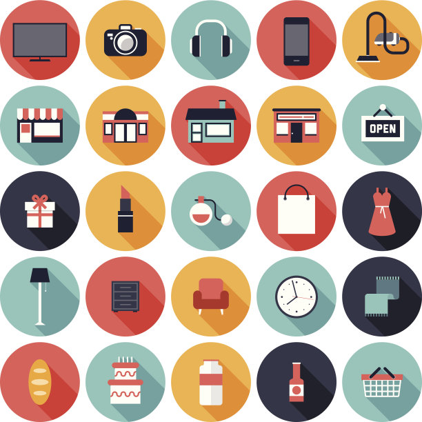 一套25个购物图标在彩色的圆圈图片下载