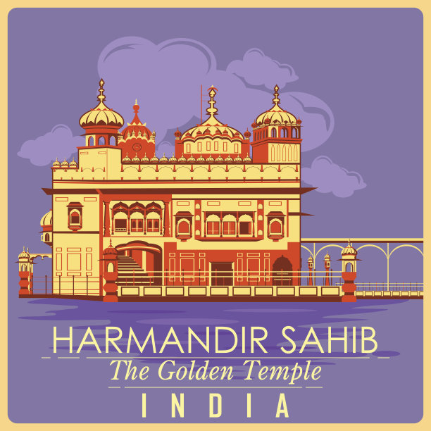 印度阿姆利则著名纪念碑金庙的复古海报图片下载