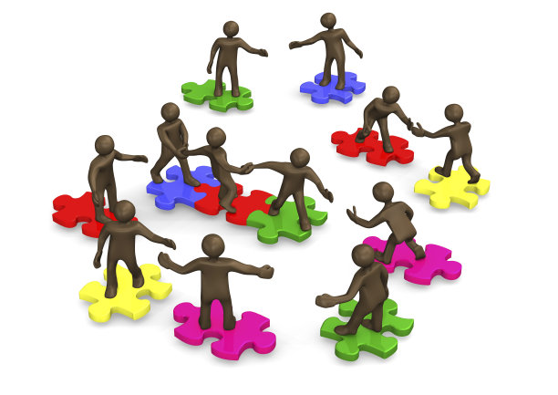 彩色拼图，团队3d插图与黑色卡通人物图片下载