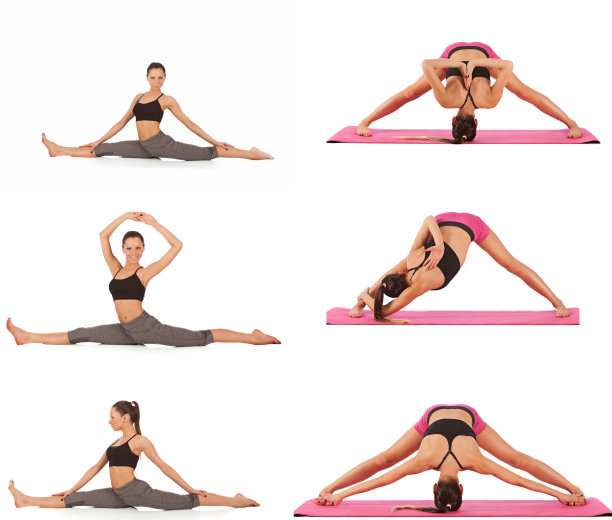 年轻美丽的女孩摆瑜伽在白色的拼贴画图片下载