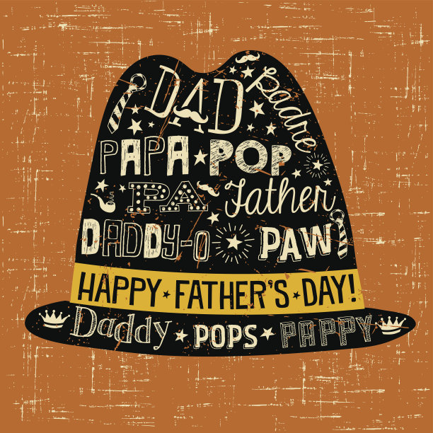 父亲节贺卡。涂鸦风格的软呢帽，给爸爸起了各种各样的绰号。素材图片