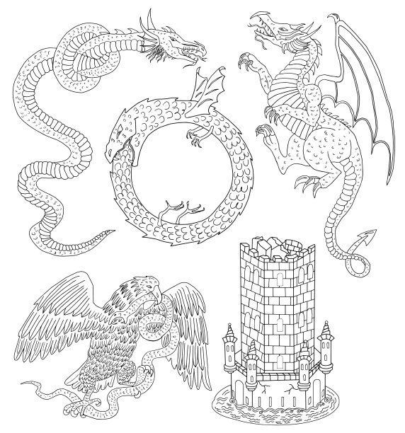 设置了中世纪生物和塔的剪影图片下载