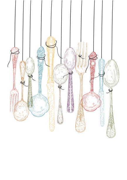 彩色古董手画挂餐具插图。图片下载