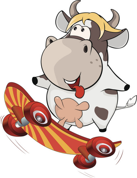 滑板上的小奶牛。卡通图片下载